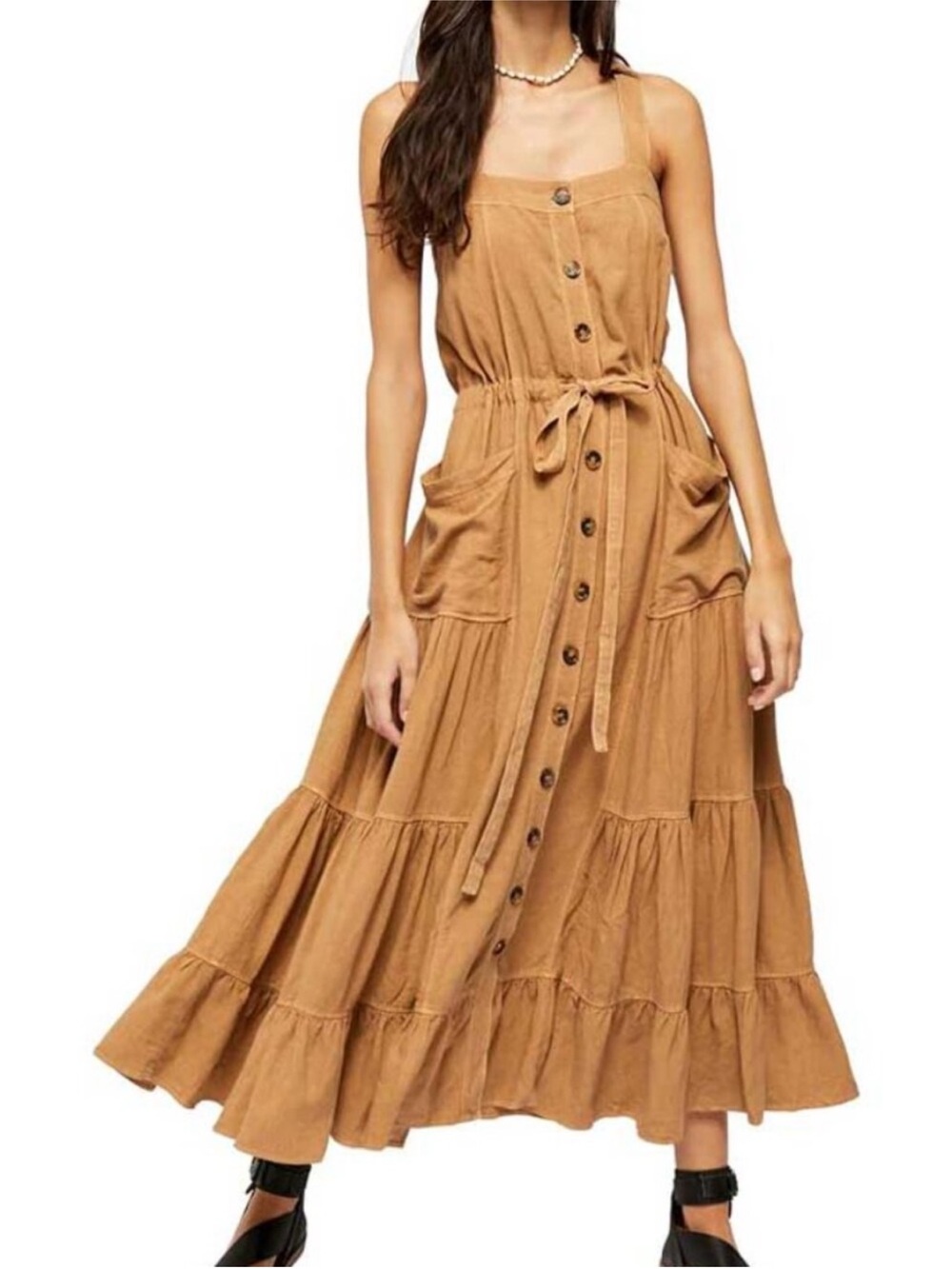 Free People Amber Waves Tan Tiered Button-Front Maxi Dress